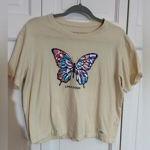 Life is good medium women’s T shirt with colorful butterfly